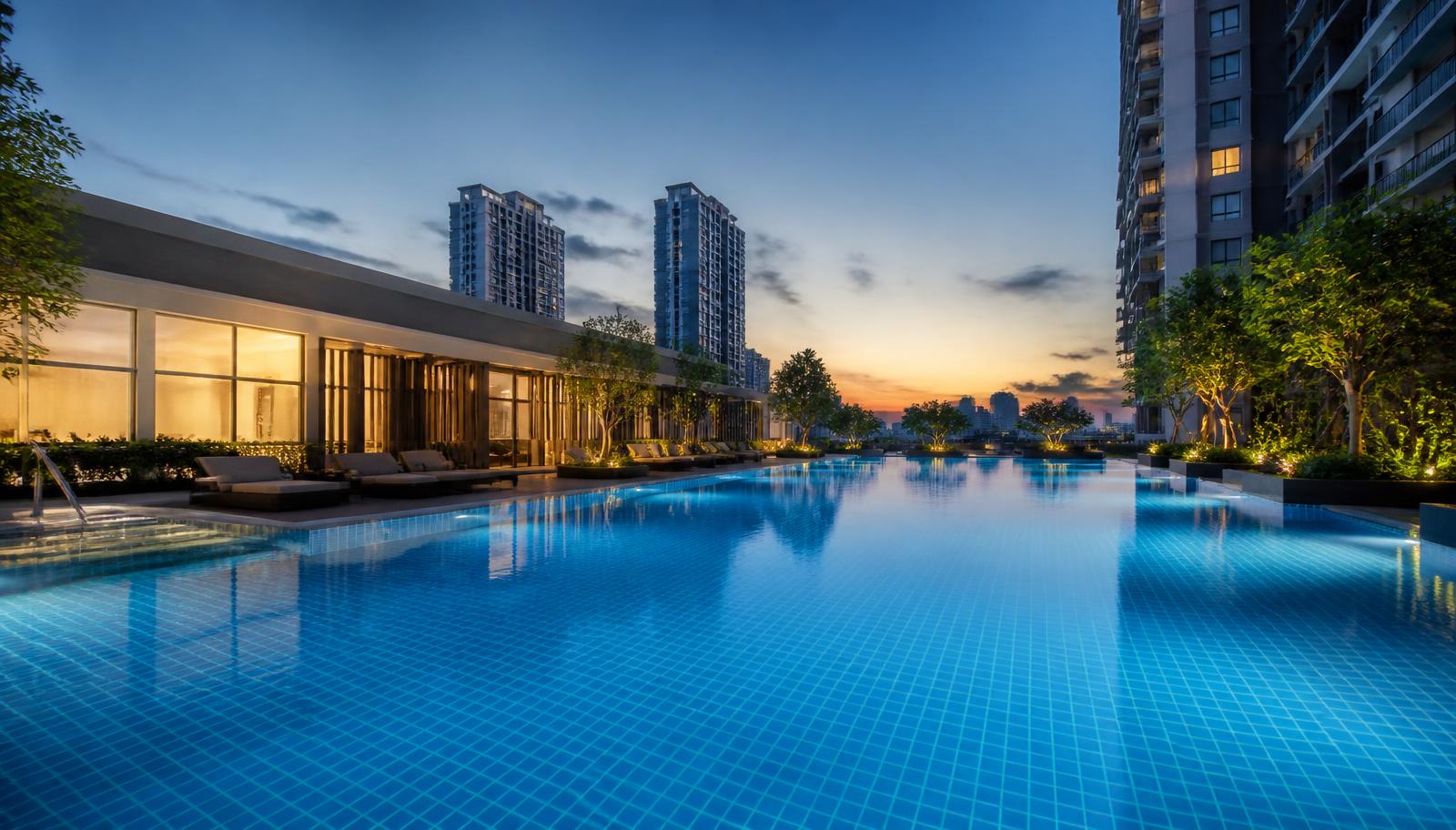 Piscina iluminada de condomínio ao anoitecer